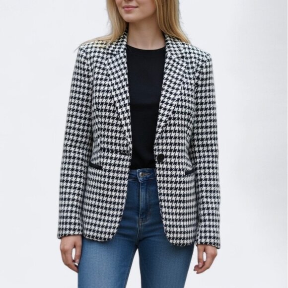 Express Houndstooth Wool Blend Blazer Jacket Black White Academia Womens 12 - Picture 1 of 13